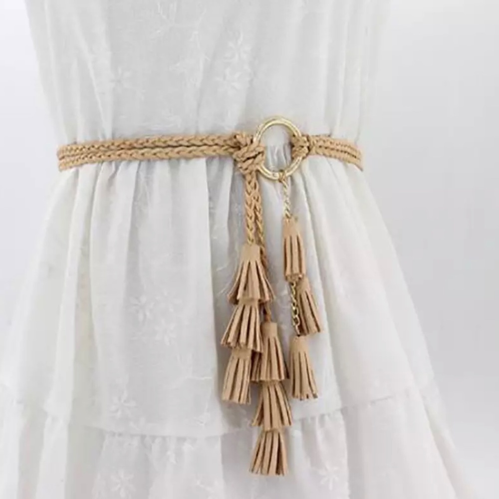 Beige Braided Tassel Waist Belt